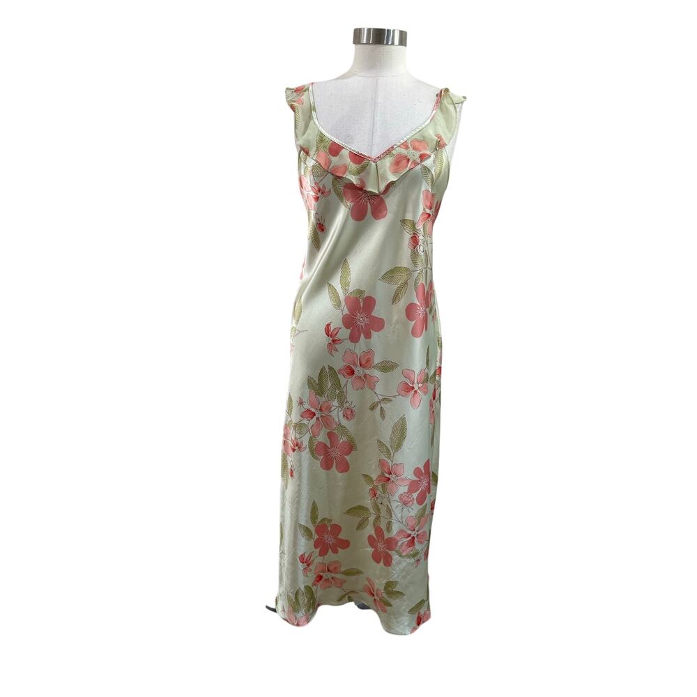 Morgan Taylor Intimates Floral Satin Slip Dress Green Midi Size Medium